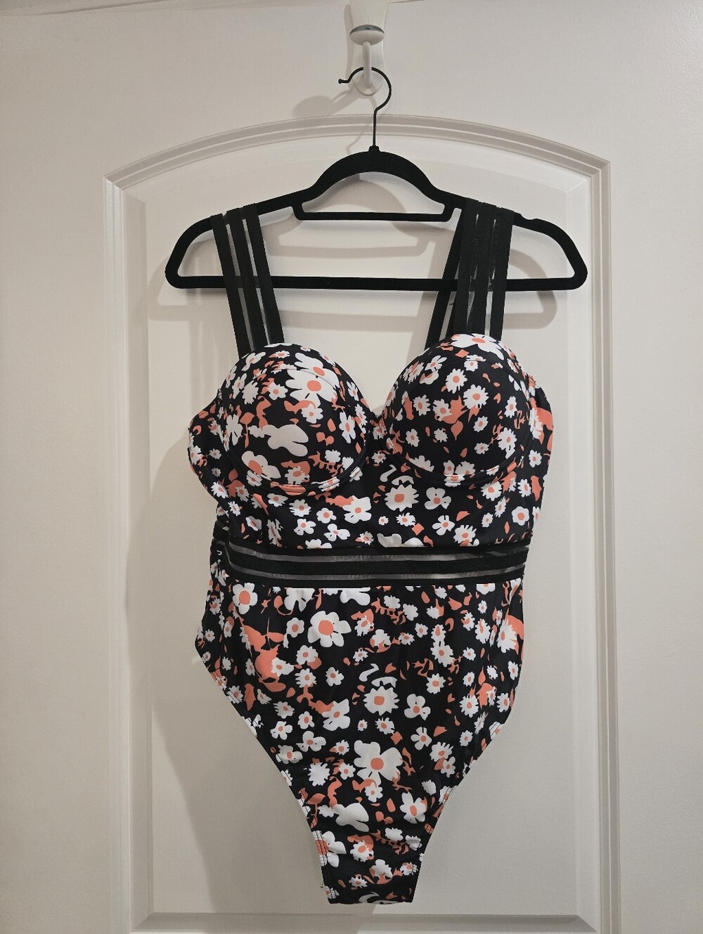 Floral One-Piece Swimsuit - Black with Coral & White Flowers